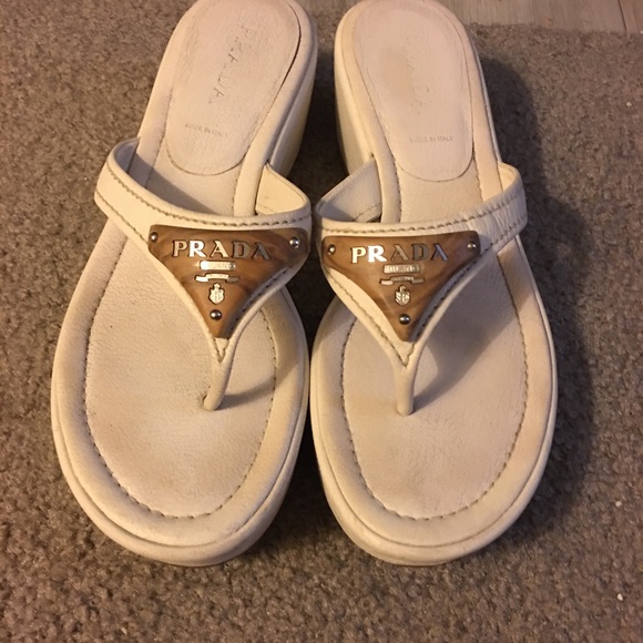 Prada white wedge sandals with wooden emblem. Ladies size 7. - Picture 2 of 6